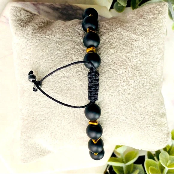 Men Matte Onyx Bracelet 8mm round beads Adjustable Cord Macrame - Picture 5 of 5